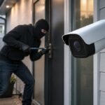 Outdoor security camera recording an intruder forcing a side door